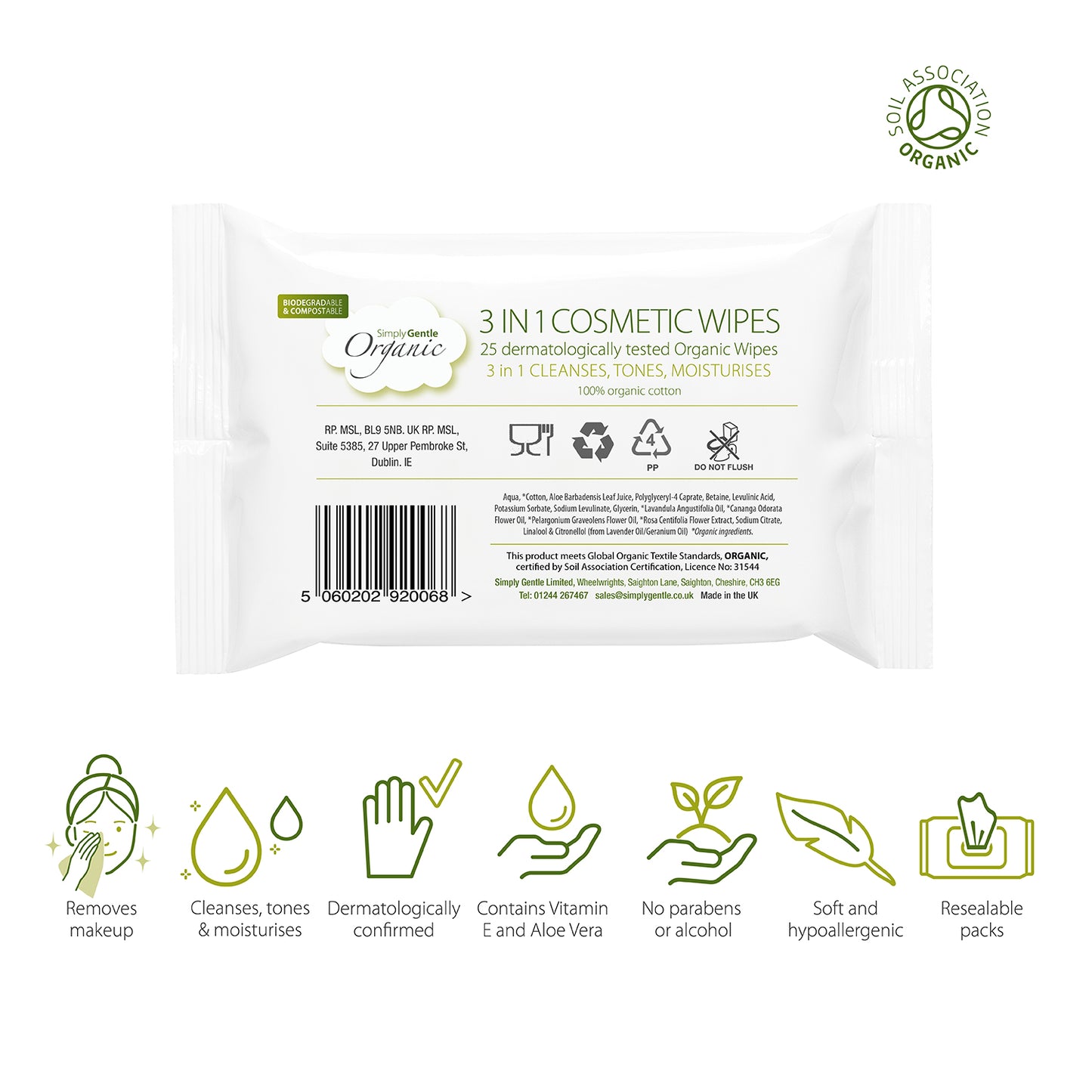 Simply Gentle Organic 3 in 1 Cosmetic Wipes